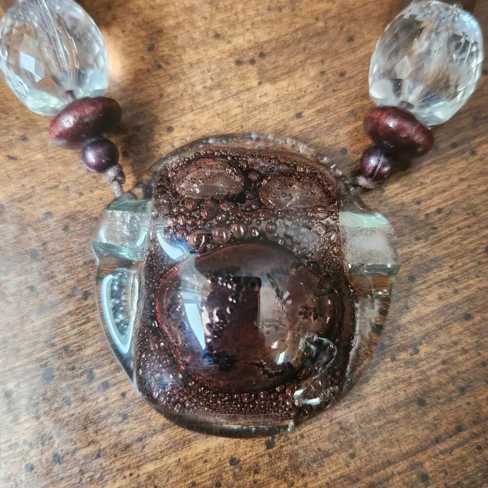 Brown Art Glass Pendant Wood Bead Cord Necklace Adjustable Boho Chunky‎